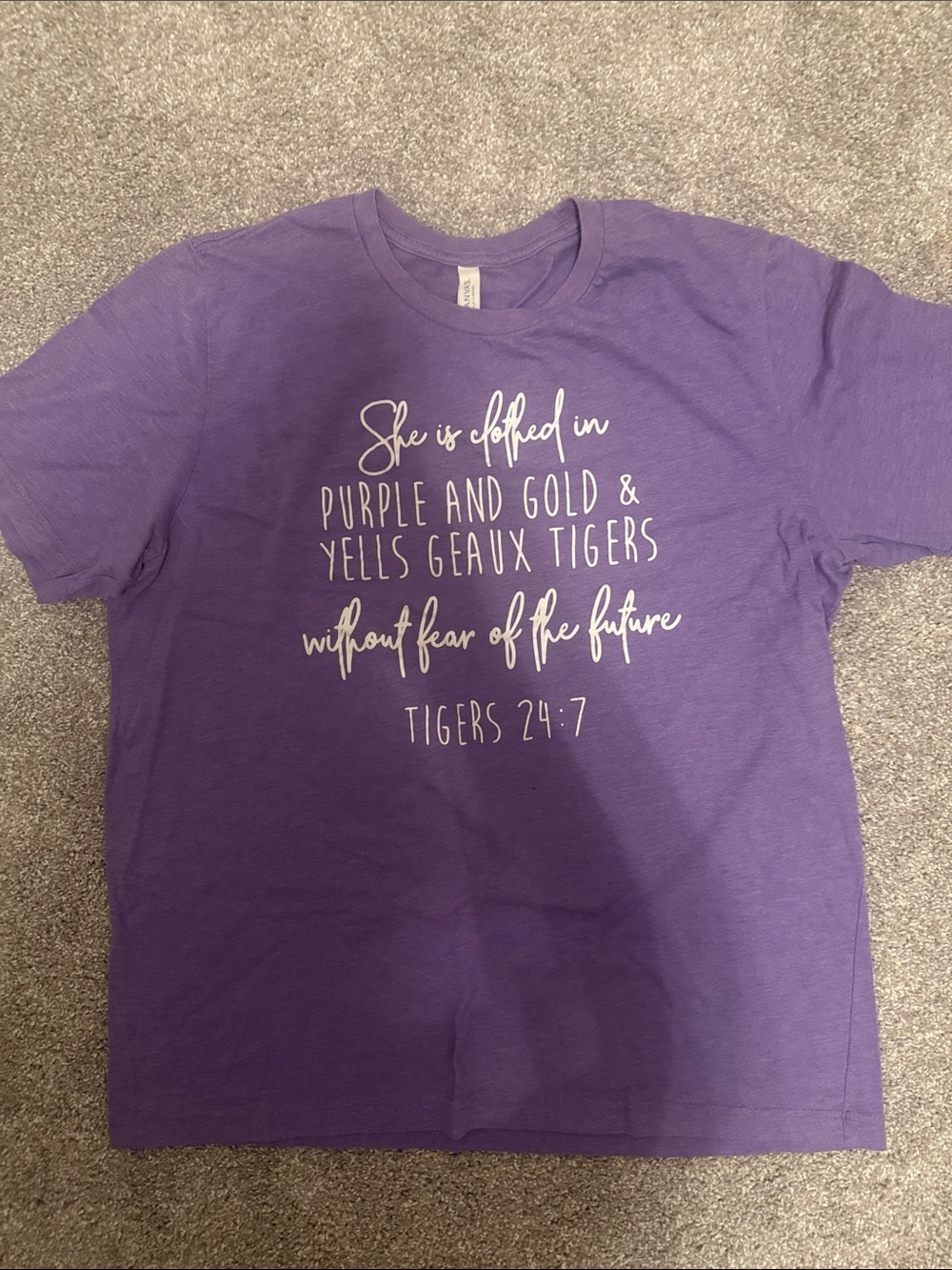 Bella Canvas Purple Graphic Tee with White Text… GEAUX TIGERS